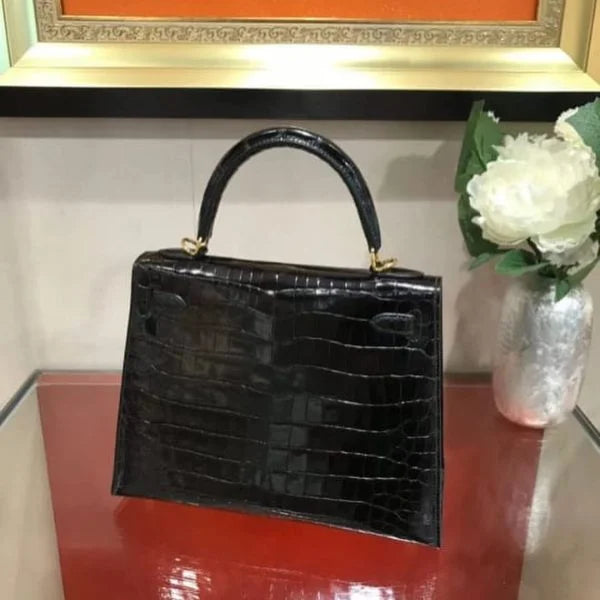 Hermes Kelly Croc Effect Leather Bag