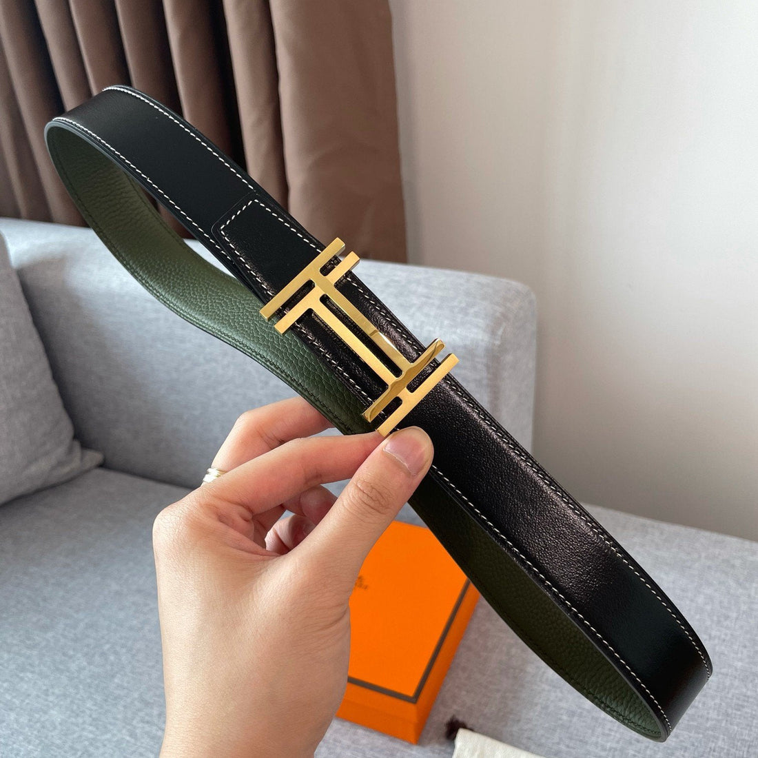 DOUBLE H REVERSIBLE BELT 32MM GOLD BUCKLE BLACK DARK GREEN LEATHER
