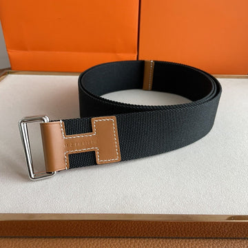 4.0CM BLACK TEXTILE  BROWN LEATHER H BELT