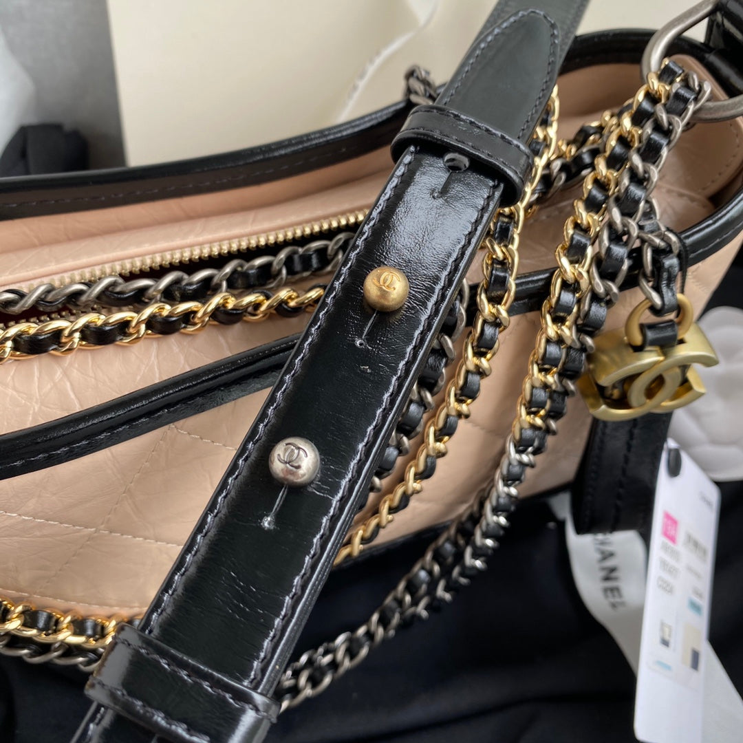 CC GABRIELLE MINI 20 HOBO BAG IN ALMOND BEIGE MIX BLACK CALFSKIN