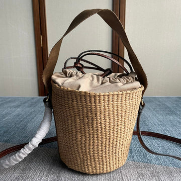 SMALL WOODY BASKET 17 IN NATURAL FIBERS BROWN WEBBING DARK BROWN CALFSKIN