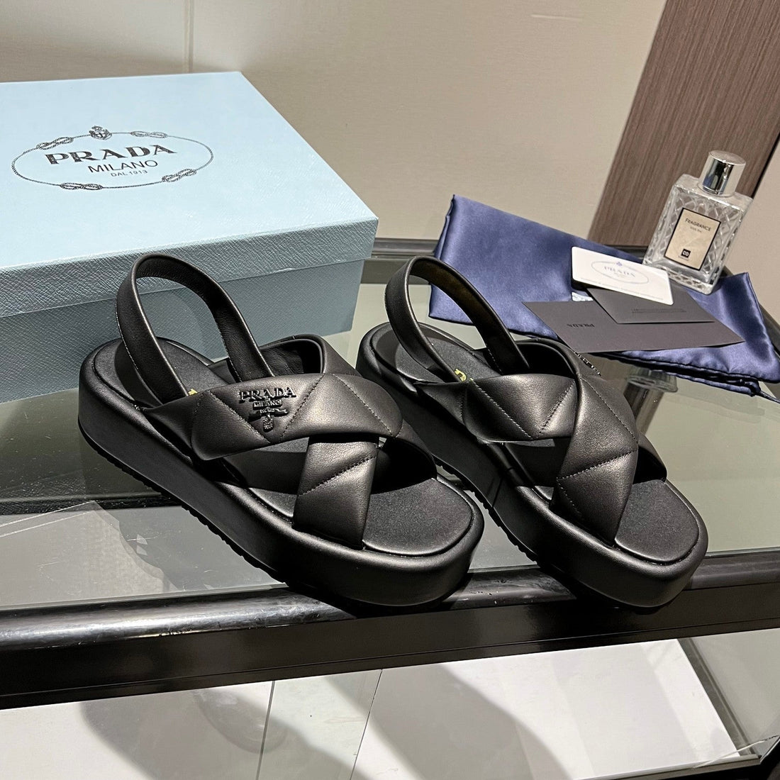PRA PADDED CRISSCROSS SANDALS BLACK LAMBSKIN