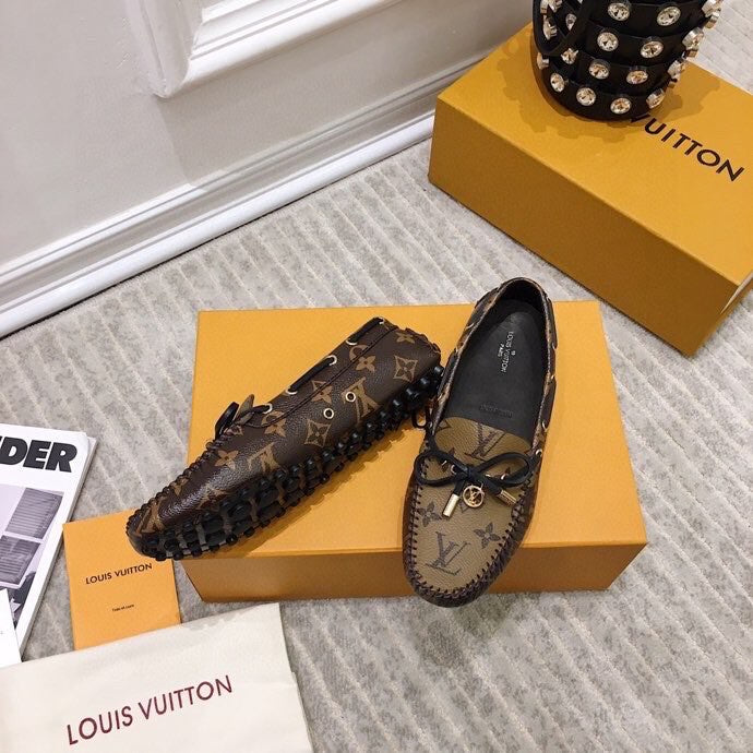 LV WOMEN'S DRIVER MOCCASIN IN CAMEL BROWN MONOGRAM CALFSKIN