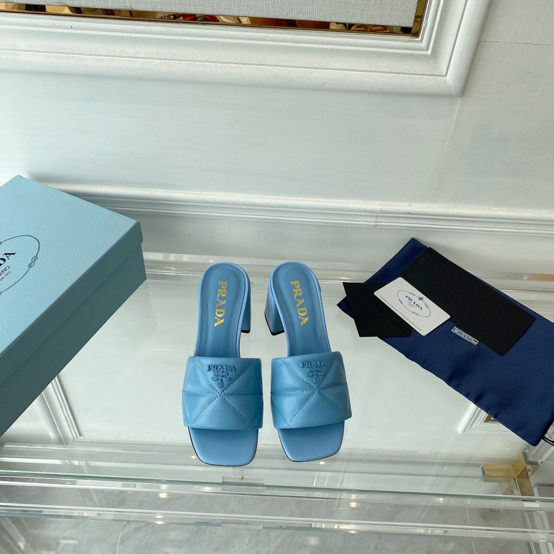 PRA QUILTED NAPPA HEELED SANDALS SKY LAMBSKIN