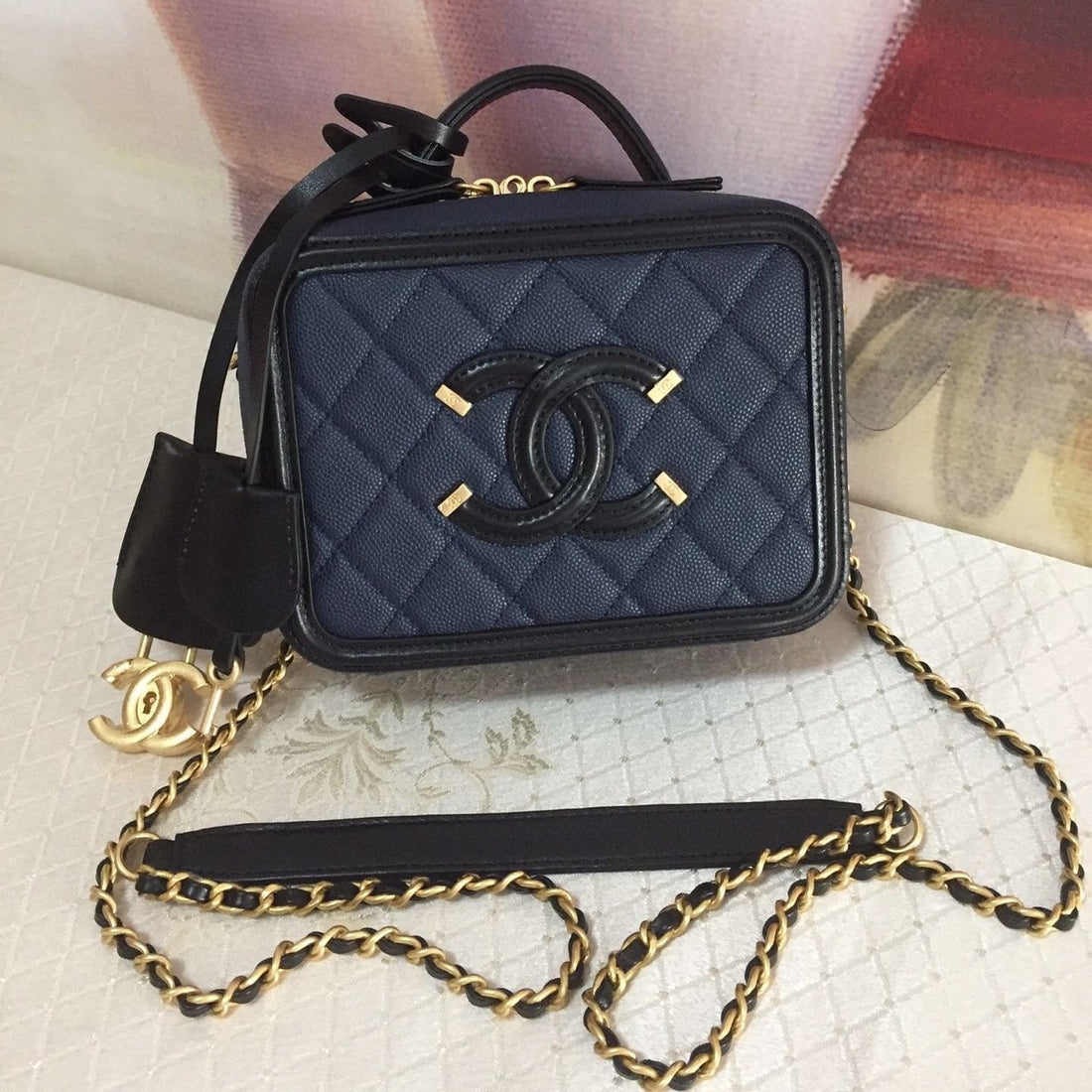 CC MINI 17 VANITY CASE IN AEGEAN BLUE MIX BLACK CALFSKIN GOLD HARDWARE