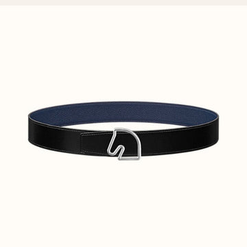 BOUCLE BELT BUCKLE & REVERSIBLE NAVY BLUE AND BLACK AND WHITE LEATHER STRAP 38MM SILVER HARDWARE