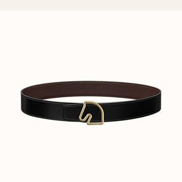 BOUCLE BELT BUCKLE & REVERSIBLE CHOCOLATE BROWN AND BLACK LEATHER STRAP 38MM GOLD HARDWARE