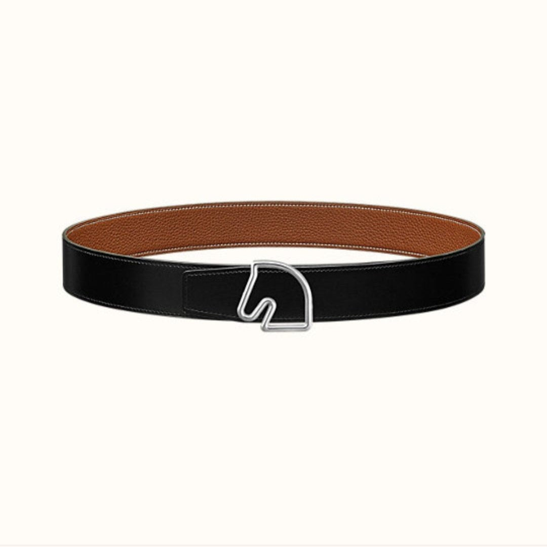 BOUCLE BELT BUCKLE & REVERSIBLE GINGER ORANGE AND BLACK LEATHER STRAP 38MM SILVER HARDWARE