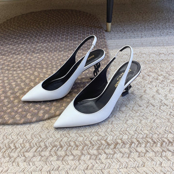OPYUM BLACK HEEL SLINGBACK PUMPS IN WHITE SMOOTH LAMBSKIN