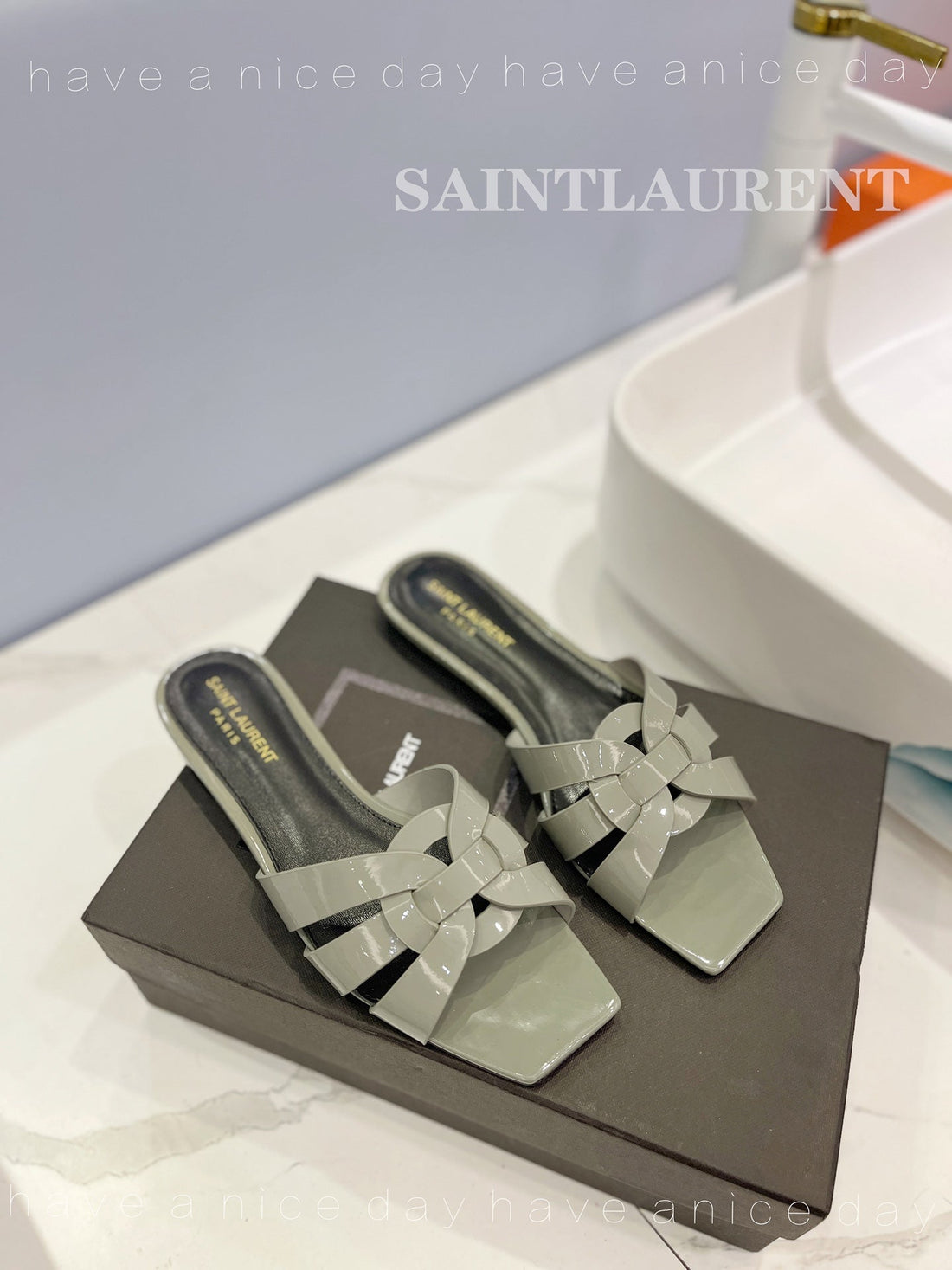 SL TRIBUTE SLIPPERS GLOSSY SAGE CALFSKIN