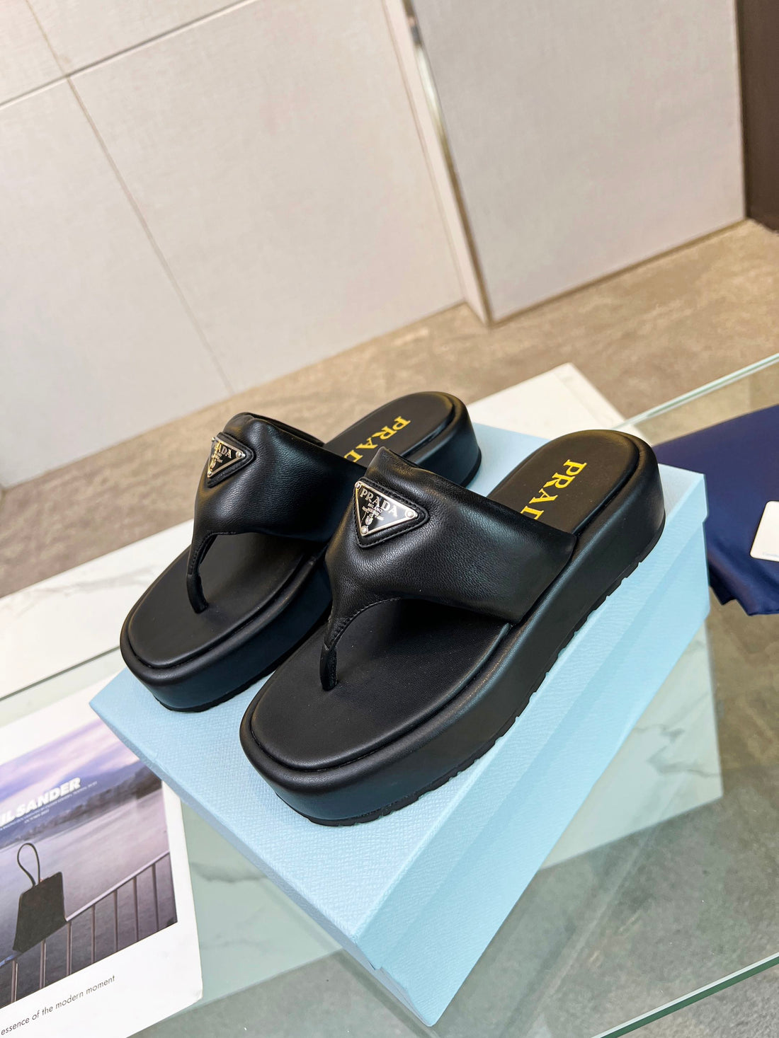 PRA SOFT PADDED NAPPA THONG WEDGE SANDALS BLACK LAMBSKIN