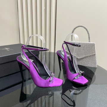 SL BUCKLE STRAP HEELED SANDAL SQUARE PURPLE SILK
