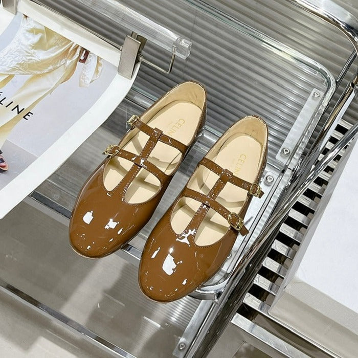 FLAT SANDALS WITH DOUBLE STRAP-DESIGN LEATHER CARAMEL BROWN
