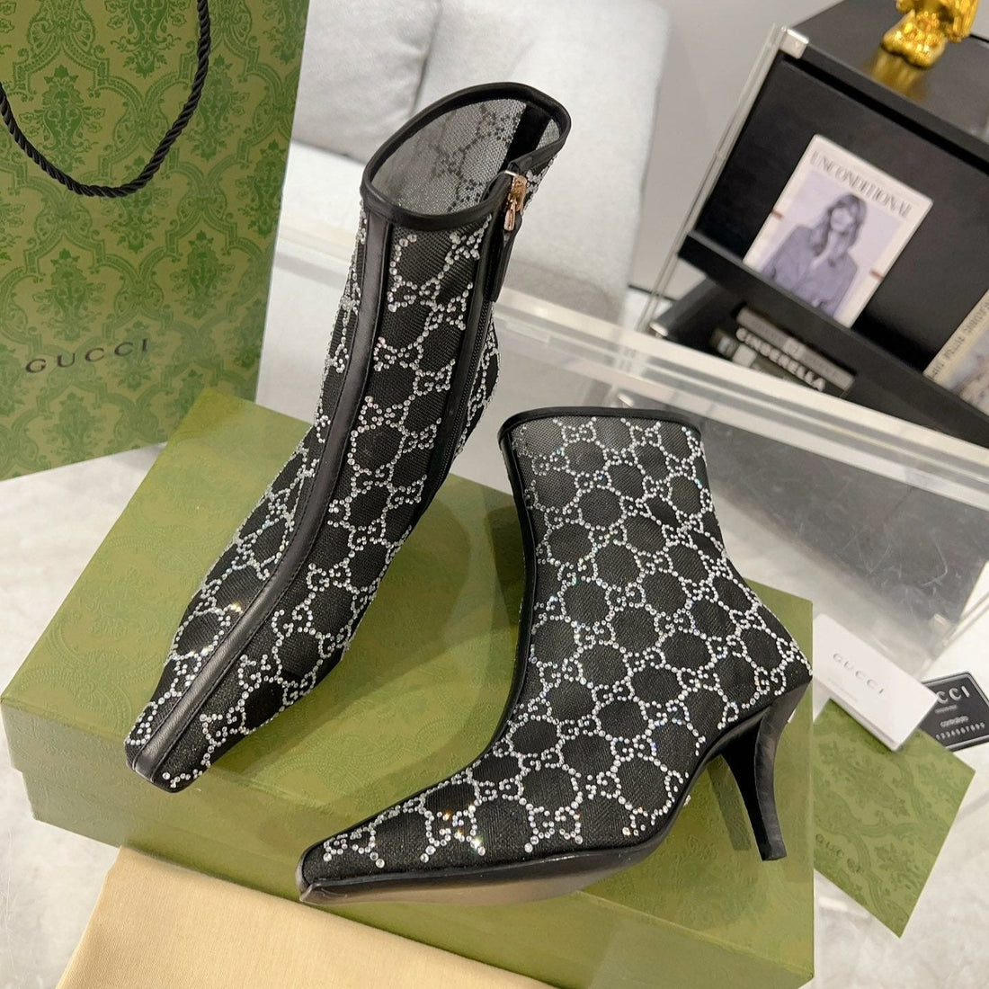 ANKLE BOOTS IN BLACK MESH AND SHEEPSKIN WITH GG CRYSTALS