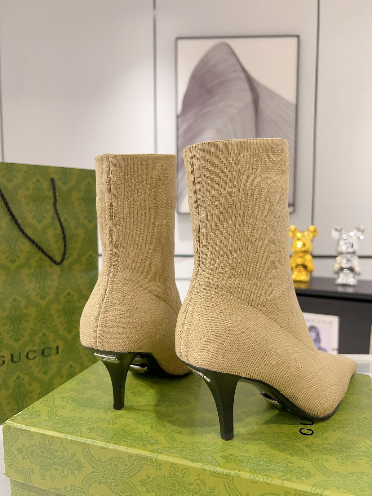 ANKLE BOOTS IN BEIGE KNITTED FABRIC