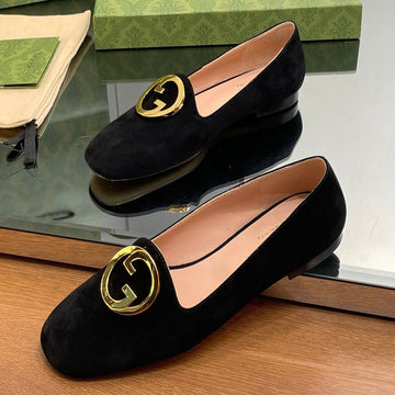BLONDIE LOGO-PLAQUE LOAFERS IN BLACK SUEDE WITH GOLD HARDWARE