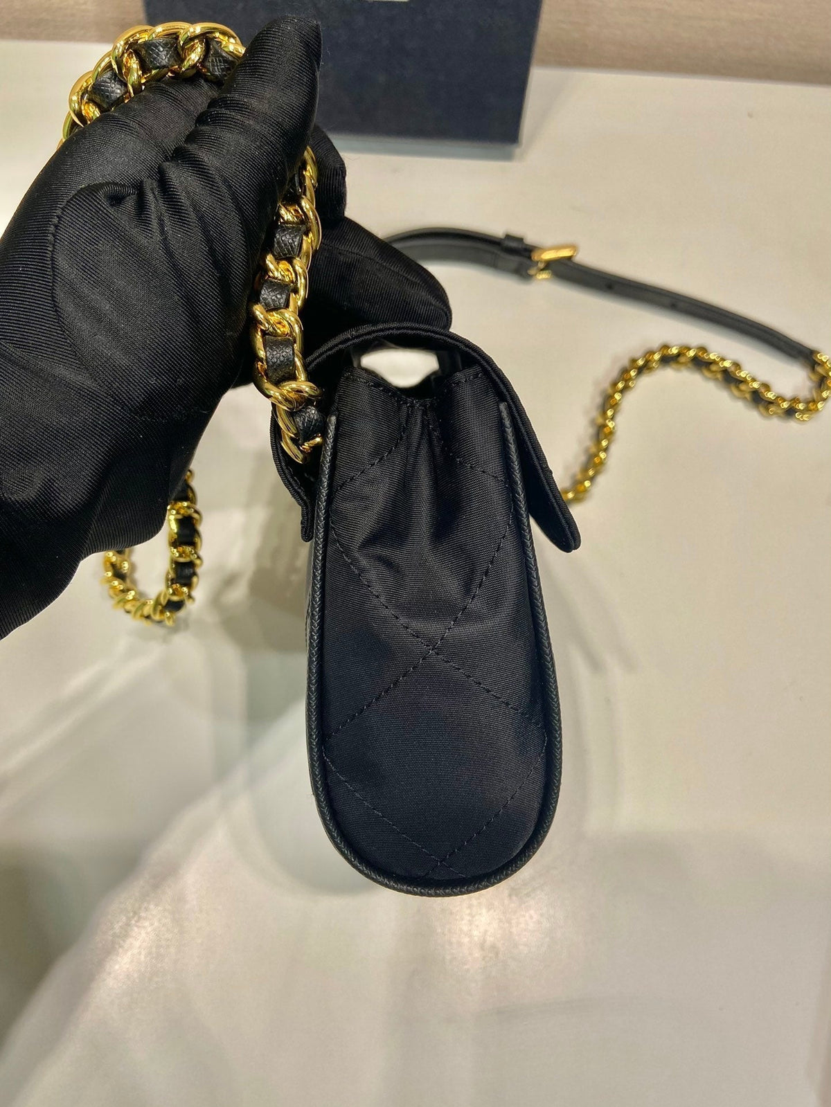 MINI QUILTED FLAP BAG 14 IN BLACK RE-NYLON FABRIC GOLD CHAIN