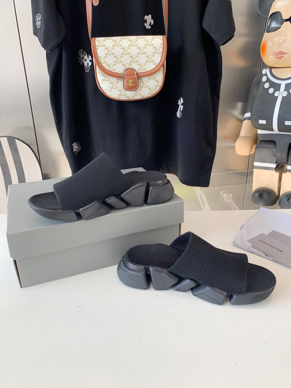 SPEED 2.0 SLIDE SANDAL IN BLACK RECYCLED KNIT AND BLACK SOLE