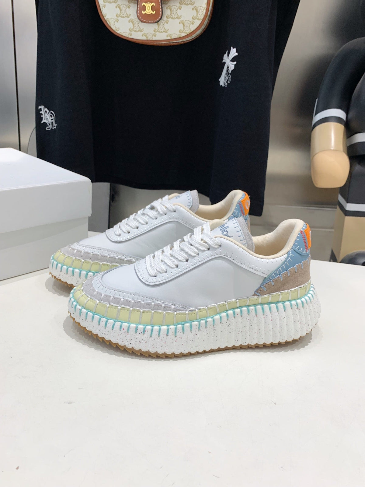 NAMA SNEAKER 5 CM IN WHITE MIX GREEN CALFSKIN