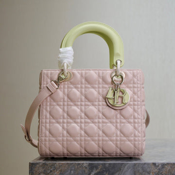 LADY BAG 24 IN BABY PINK QUILTED MACROCANNAGE CALFSKIN SWAMP YELLOW STRAP