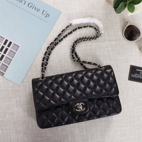 Chanel Silver Classic Double Flap 25 Shoulder Bag Black