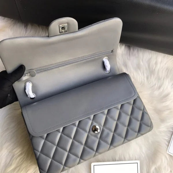 Chanel Classic Double Flap 30 Shoulder Bag Grey Silver Hardware
