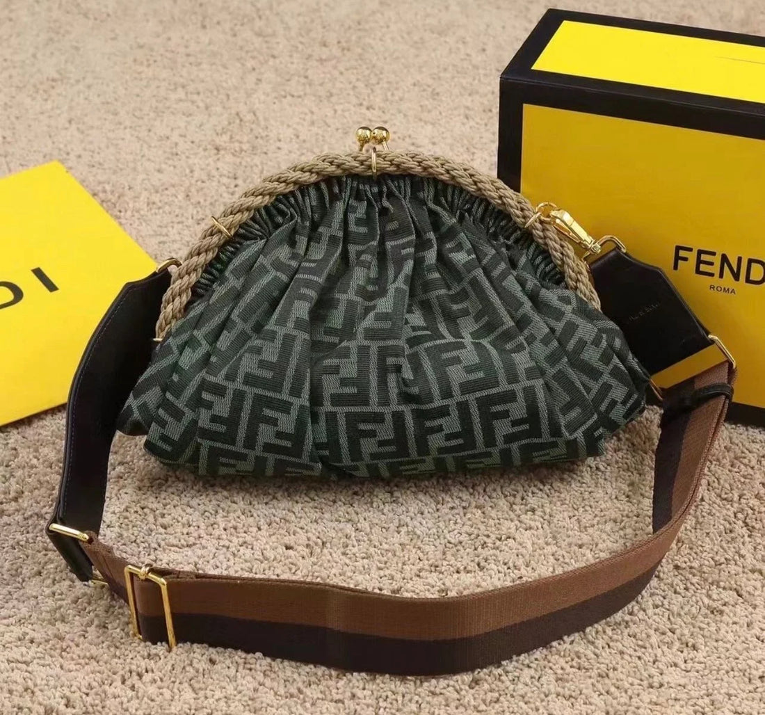 FF Fabric Jacquard Braided Shell Clutch Tobacco Bag