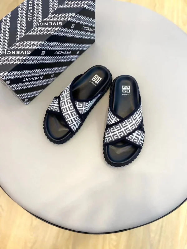 Givenchy Black Leather Embossed FF Logo Flat Sandals