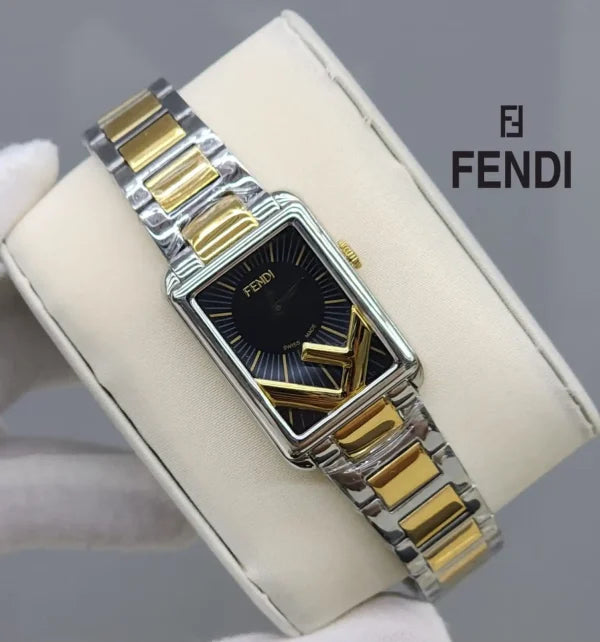 Fendi Rectangle Quartz Watch Stainless Steel and Plated Metal