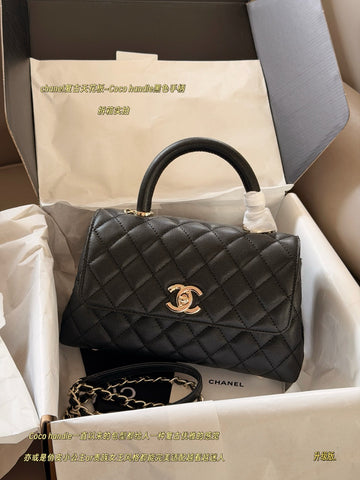 Chanel Top Handle Handbag Black Flap Leather Bag