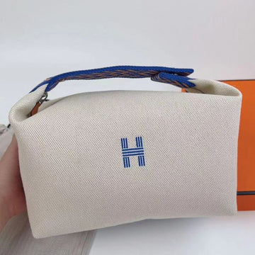 HERM Bride-a-Brac Large Case in Ecru Canvas with Blue Zigzag Motifs
