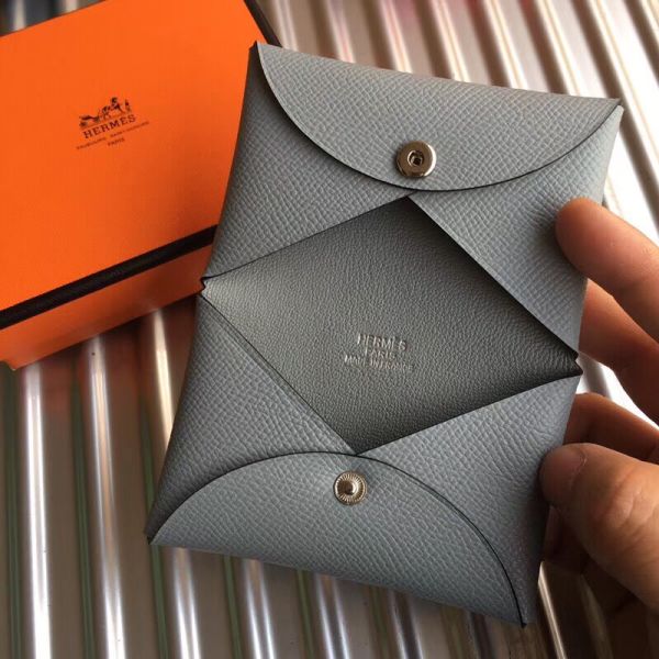 HERM Calvi Card Holder In Blue Lin Epsom Leather