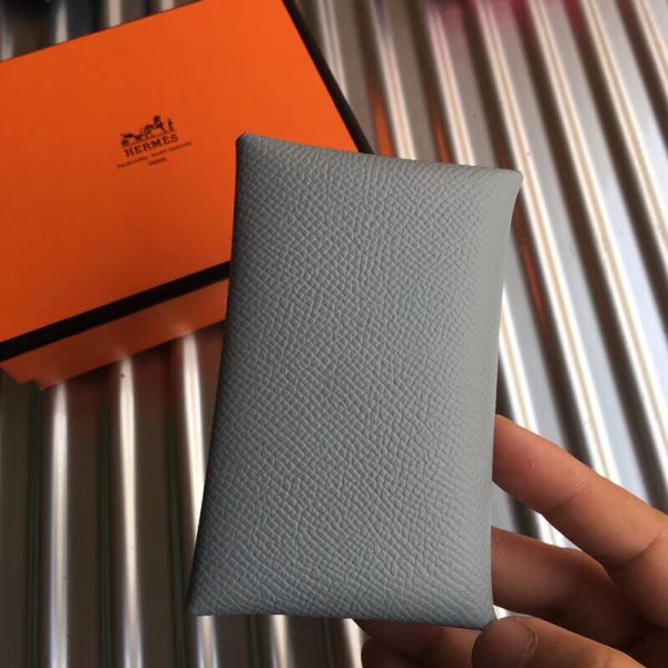 HERM Calvi Card Holder In Blue Lin Epsom Leather