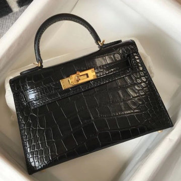 HERM Kelly Mini II Bag In Black Embossed Crocodile Leather