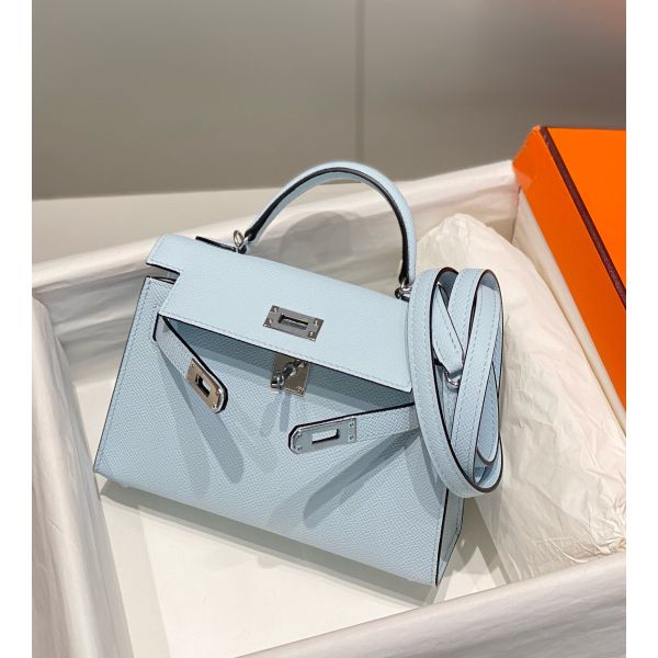 HERM Kelly Mini II Bag In Blue Brume Epsom Leather PHW
