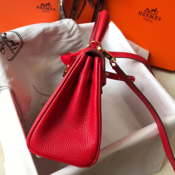 HERM Kelly 20cm Bag In Red Clemence Leather GHW