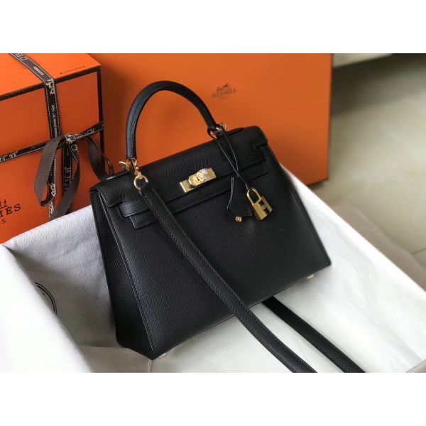 HERM Kelly 25cm Sellier Bag In Black Epsom Leather