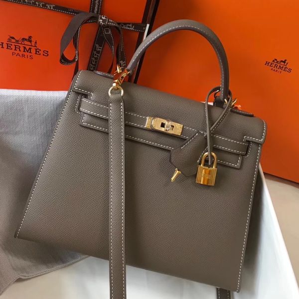 HERM Kelly 25cm Sellier Bag In Taupe Epsom Leather