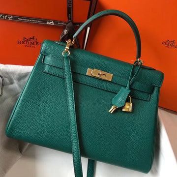 HERM Kelly 32cm Bag In Malachite Clemence Leather GHW