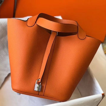 HERM Picotin Lock 22 Bag In Orange Clemence Leather