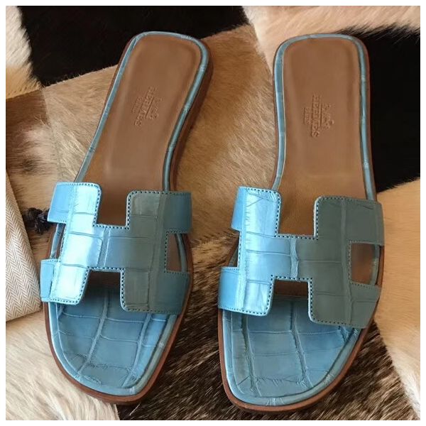 HERM Oran Sandals In Celeste Shiny Niloticus Crocodile