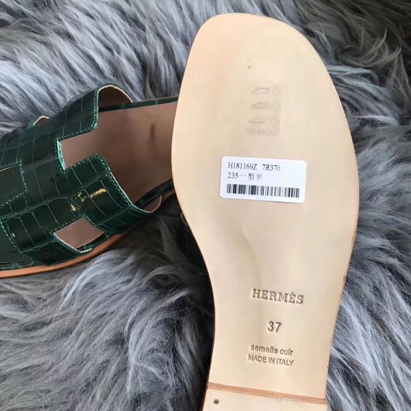 HERM Oran Sandals In Green Shiny Niloticus Crocodile