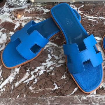 HERM Oran Slide Sandals In Blue Hydra Epsom Calfskin