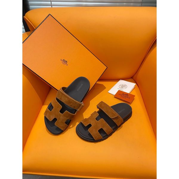 HERM Men's Chypre Sandals in Brown Suede Calfskin