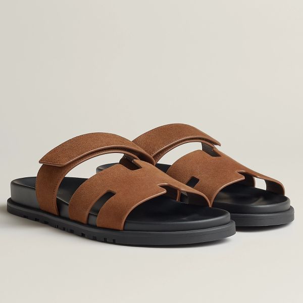 HERM Men's Chypre Sandals in Brown Suede Calfskin