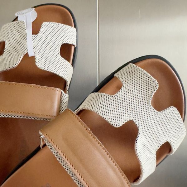 HERM Men's Chypre Sandals In Canvas with Brown Leather