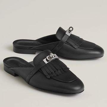 HERM Women's Oz Mules with Fringed in Black Leather