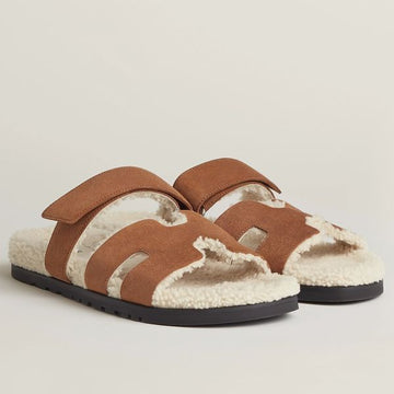 HERM Women's Chypre Sandals in Tan Suede with Shearling