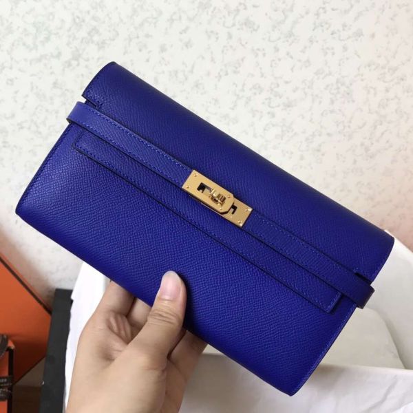 HERM Kelly Classic Long Wallet In Blue Electric Epsom Leather