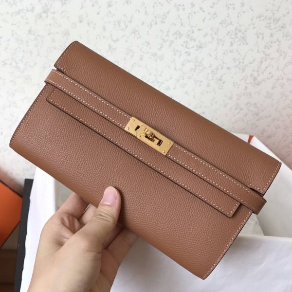 HERM Kelly Classic Long Wallet In Brown Epsom Leather
